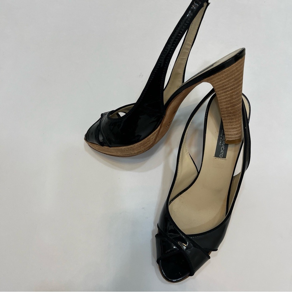 Angelo Bervicato Black ‎ Leather Slingback Peep Toe Platform Heels Size 39.5